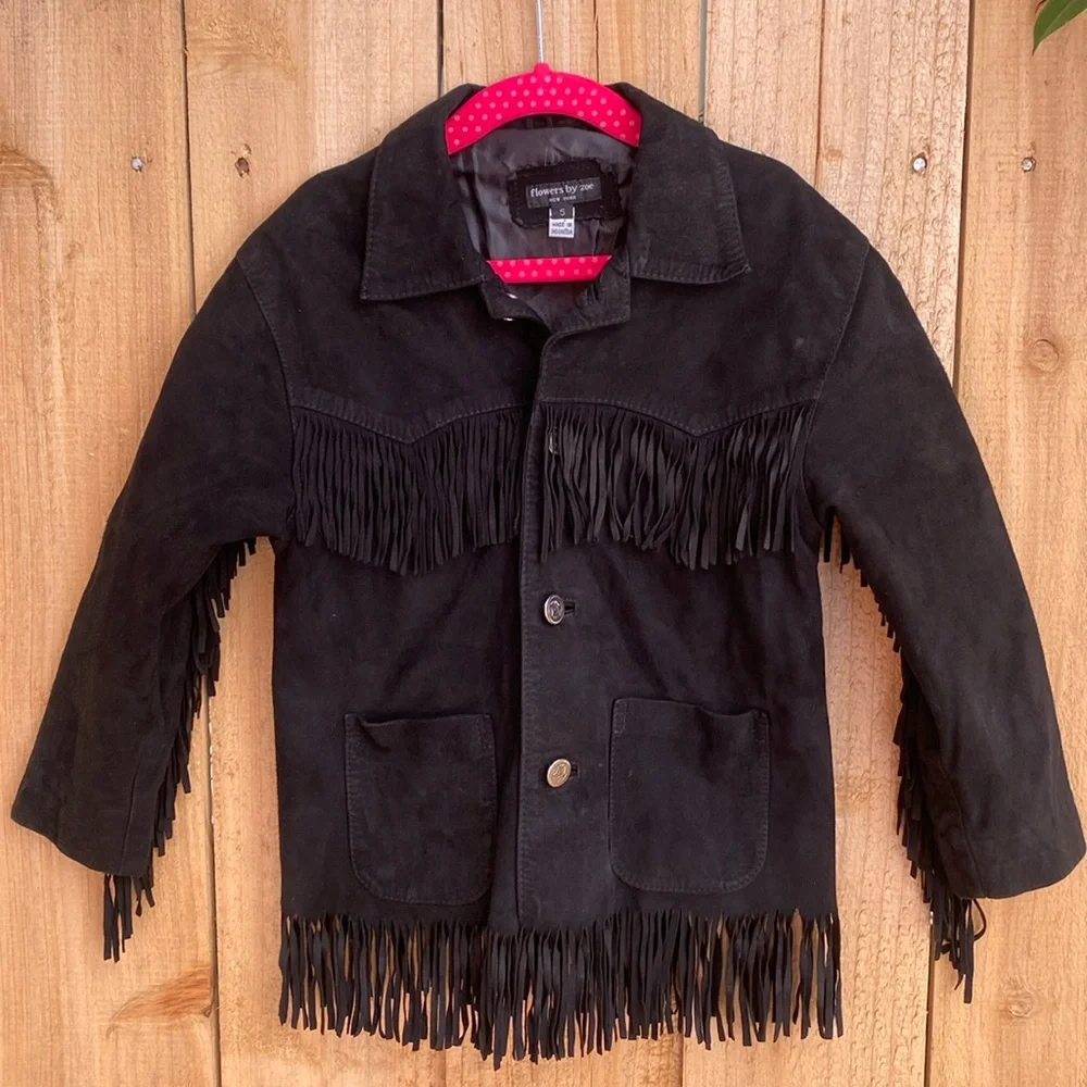 Girl Sz 5 Genuine Leather Suede Fringe Jacket Black Flowers by Zoe Rodeo Western